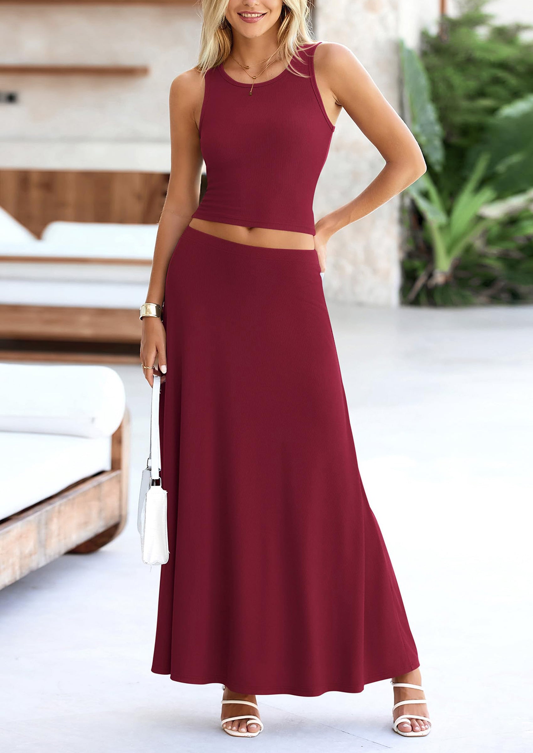 PRETTYGARDEN 2 Piece Maxi Skirt Sets Casual Knit Cropped Tank Top High Waisted Long Skirts Outfit