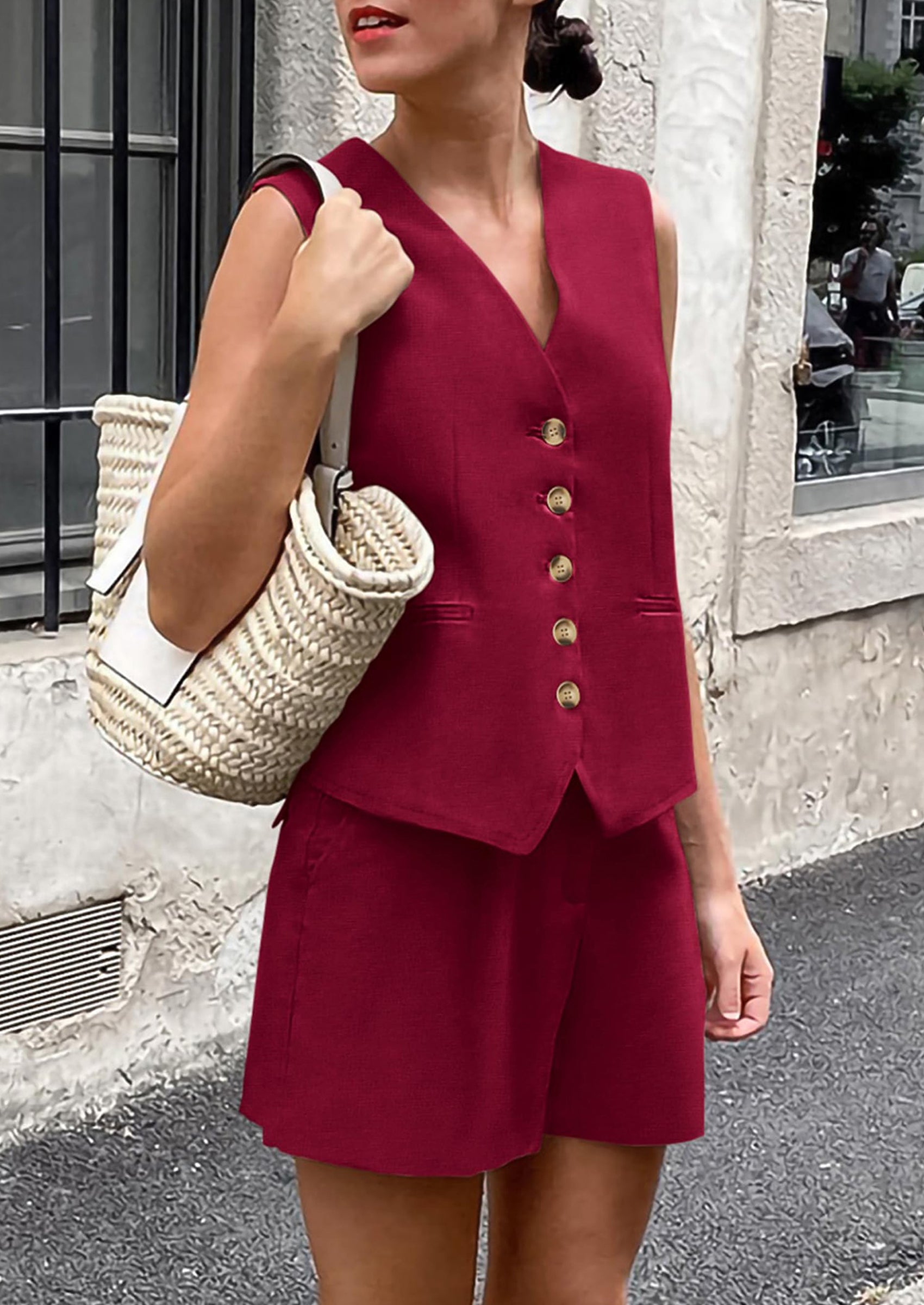 PRETTYGARDEN Women's Summer 2 Piece Outfits Sleeveless Matching Sets Button Down V Neck Vest Waistcoat and Pockets Shorts