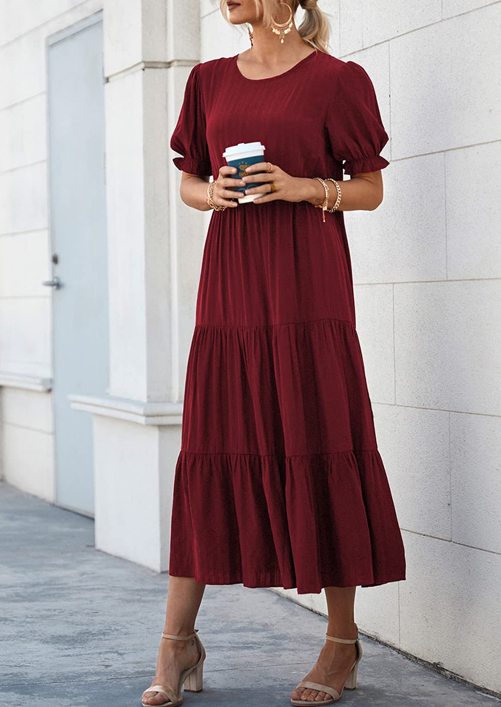 PRETTYGARDEN Women's Summer Casual Floral Boho Dress Puff Short Sleeve Ruffle Flowy Beach Party Midi Dresses