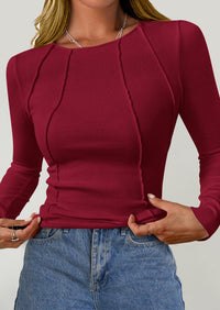 KIRUNDO Ribbed Long Sleeve Tops for Women Stretch Slim Basic Crop Tee Exposed Seams Spring Fall Fashion Trendy Tshirt