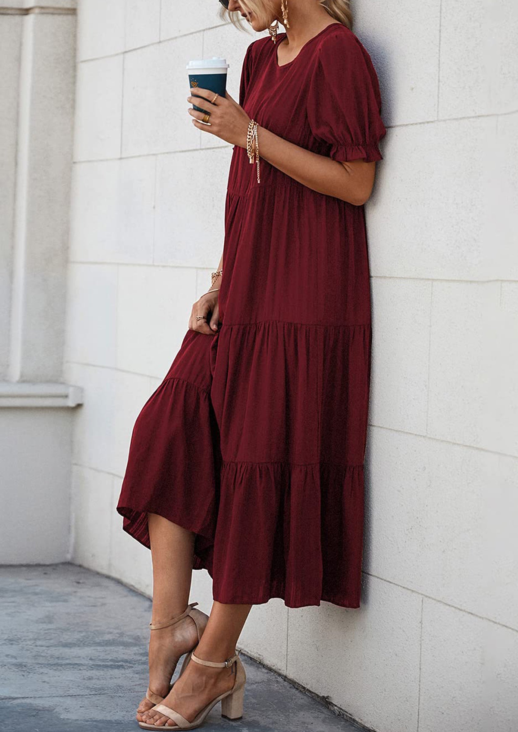 PRETTYGARDEN Women's Summer Casual Floral Boho Dress Puff Short Sleeve Ruffle Flowy Beach Party Midi Dresses