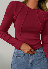 KIRUNDO Ribbed Long Sleeve Tops for Women Stretch Slim Basic Crop Tee Exposed Seams Spring Fall Fashion Trendy Tshirt
