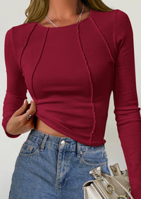 KIRUNDO Ribbed Long Sleeve Tops for Women Stretch Slim Basic Crop Tee Exposed Seams Spring Fall Fashion Trendy Tshirt