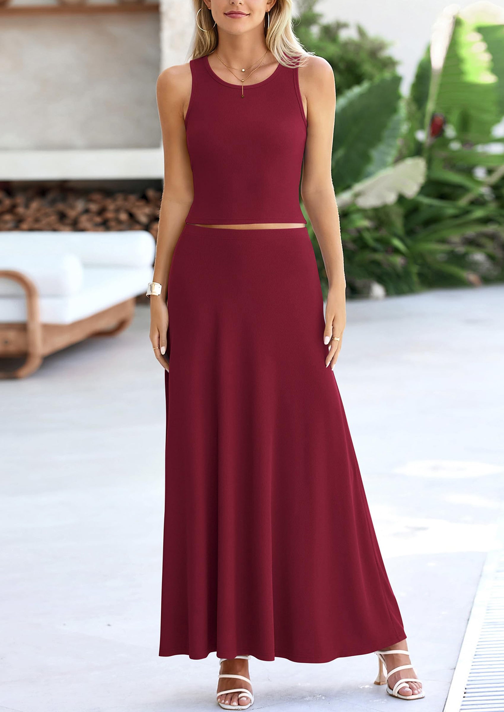 PRETTYGARDEN 2 Piece Maxi Skirt Sets Casual Knit Cropped Tank Top High Waisted Long Skirts Outfit