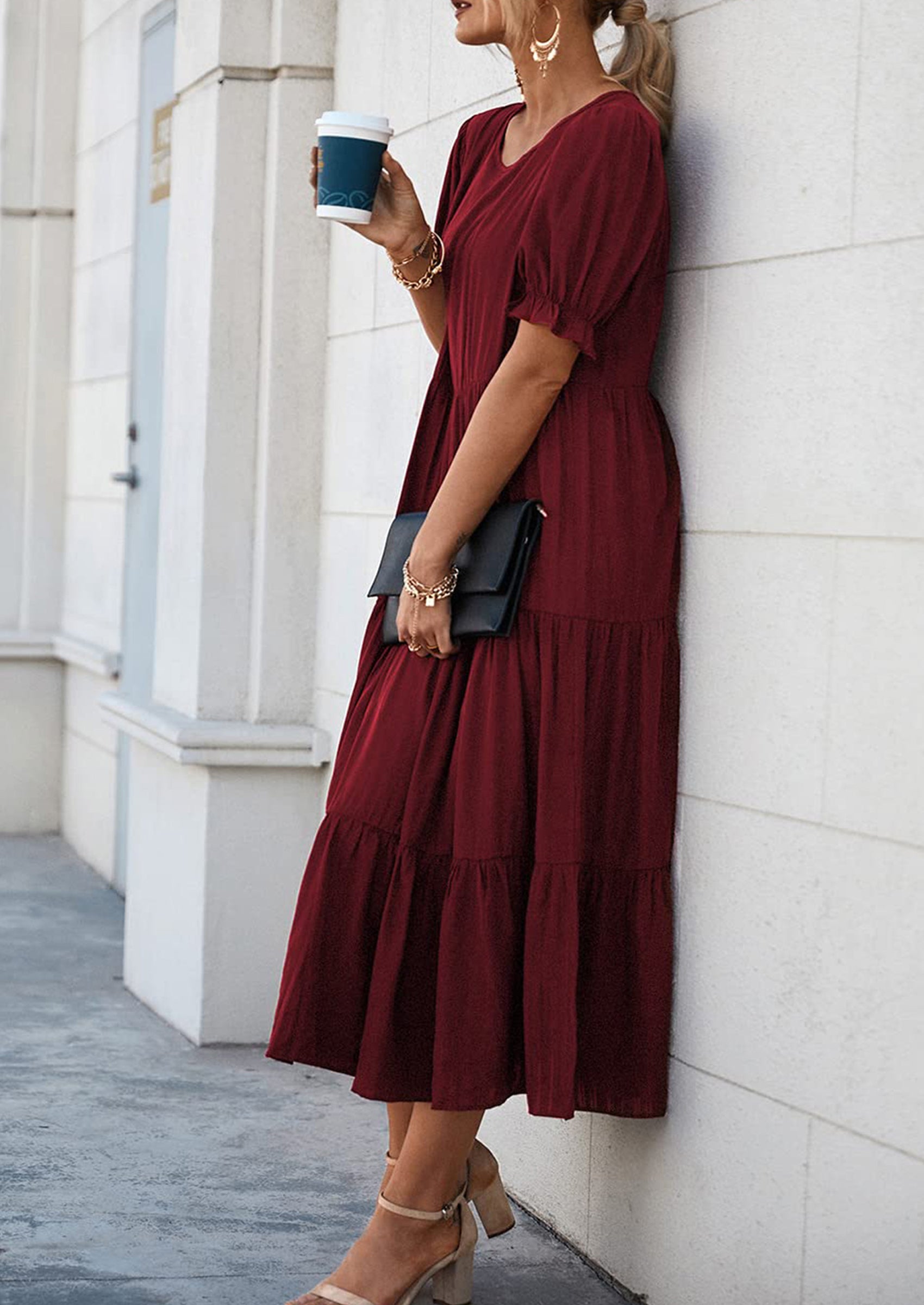 PRETTYGARDEN Women's Summer Casual Floral Boho Dress Puff Short Sleeve Ruffle Flowy Beach Party Midi Dresses