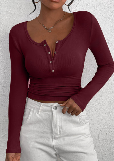 BTFBM Women Long Sleeve Shirts Fall Tops V Neck Button Up Slim Fit Ribbed Knit Solid Color Casual Shirts