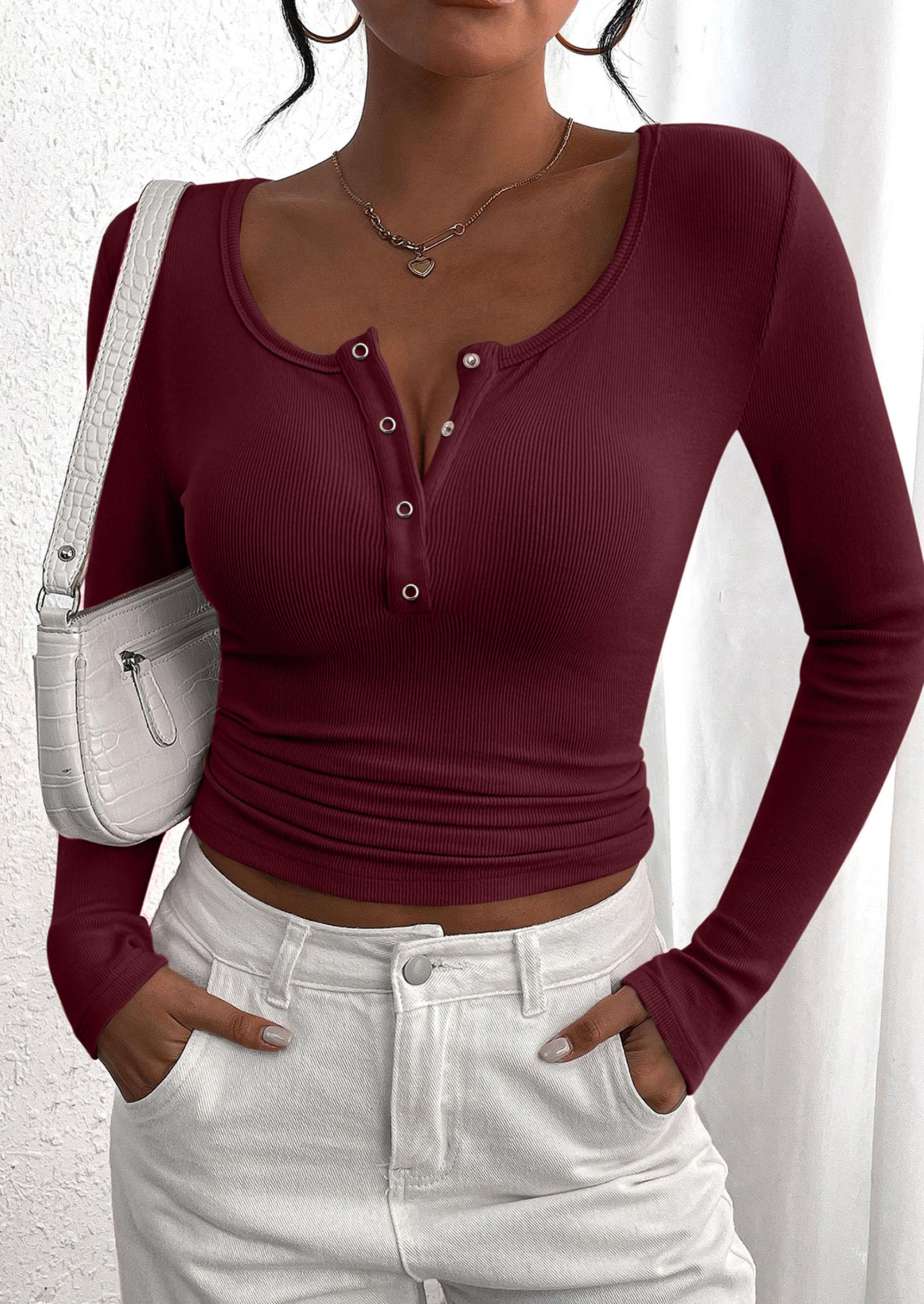 BTFBM Women Long Sleeve Shirts Fall Tops V Neck Button Up Slim Fit Ribbed Knit Solid Color Casual Shirts