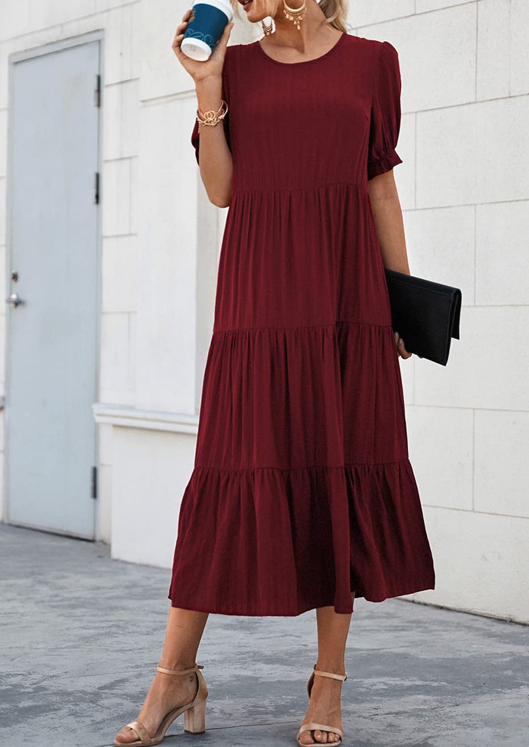 PRETTYGARDEN Women's Summer Casual Floral Boho Dress Puff Short Sleeve Ruffle Flowy Beach Party Midi Dresses