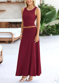 PRETTYGARDEN 2 Piece Maxi Skirt Sets Casual Knit Cropped Tank Top High Waisted Long Skirts Outfit