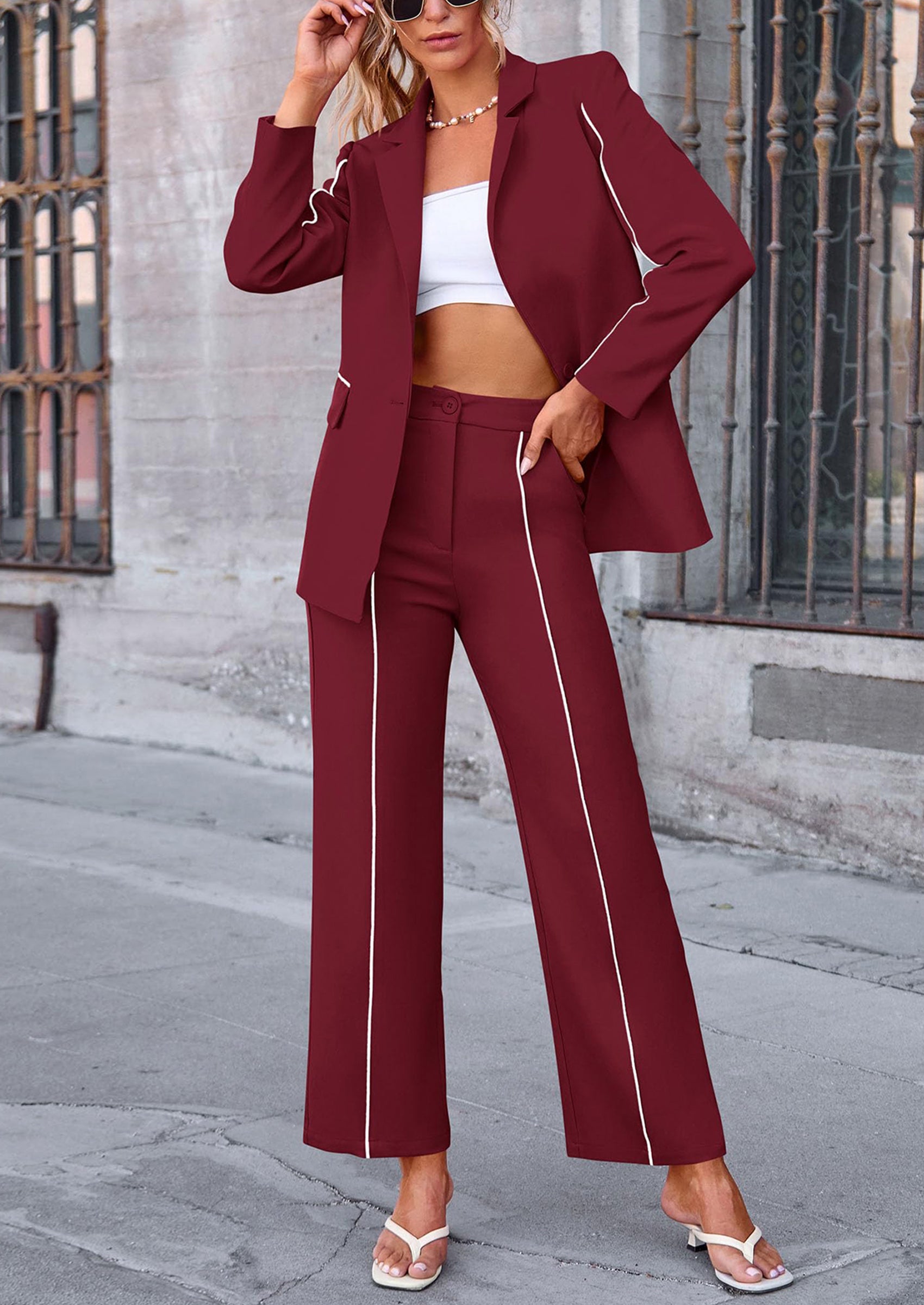 PRETTYGARDEN 2 Piece Blazer Outfits Business Casual Oversized Jacket Wide Leg Work Pants Dressy Suit Set