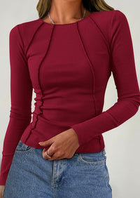KIRUNDO Ribbed Long Sleeve Tops for Women Stretch Slim Basic Crop Tee Exposed Seams Spring Fall Fashion Trendy Tshirt