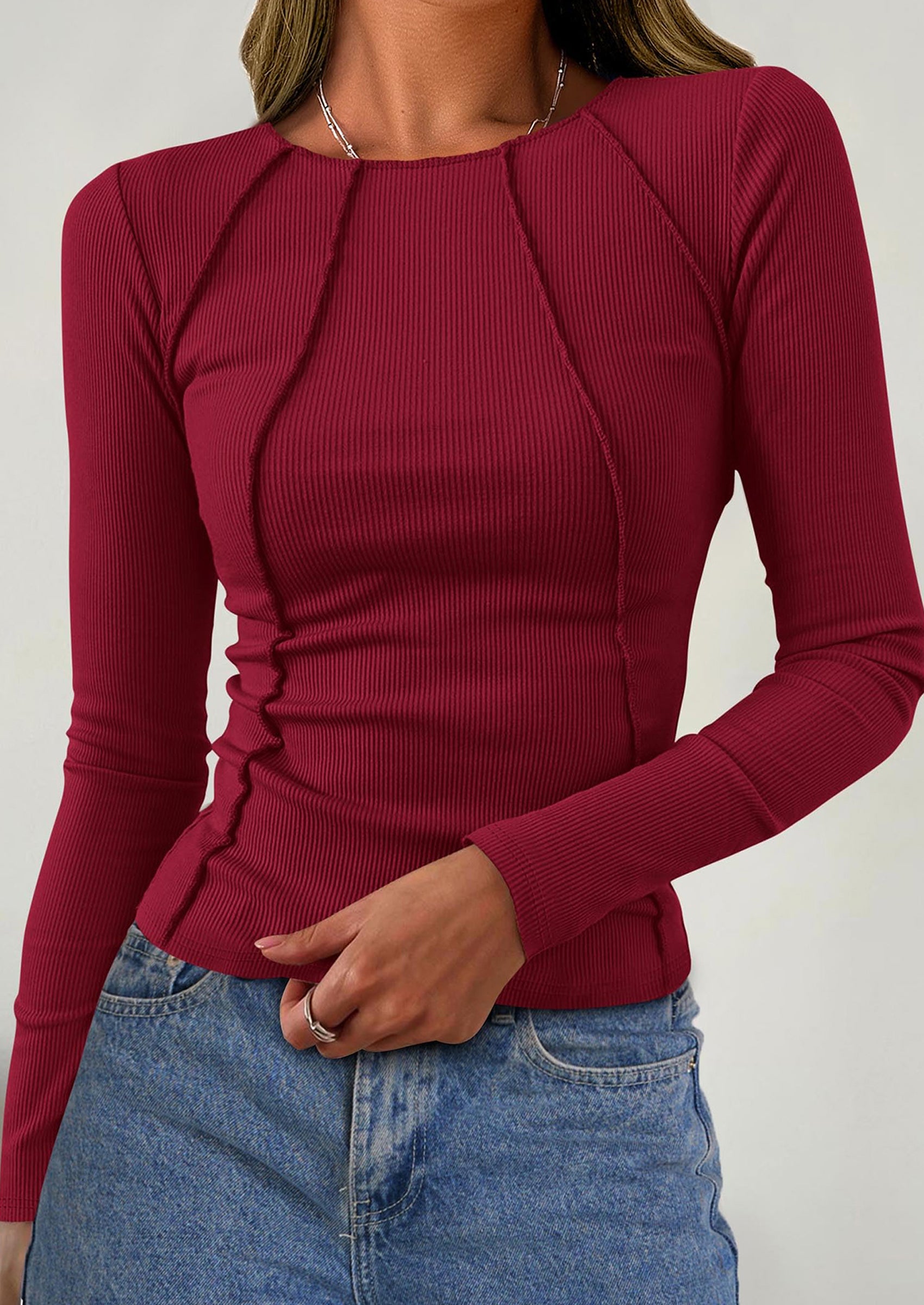 KIRUNDO Ribbed Long Sleeve Tops for Women Stretch Slim Basic Crop Tee Exposed Seams Spring Fall Fashion Trendy Tshirt