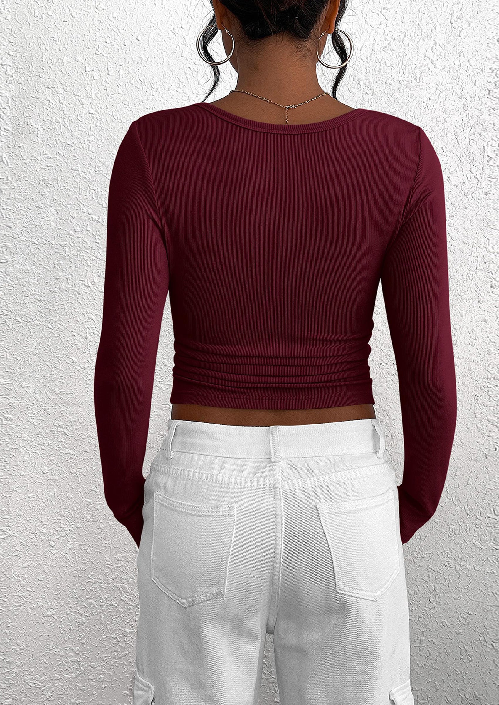 BTFBM Women Long Sleeve Shirts Fall Tops V Neck Button Up Slim Fit Ribbed Knit Solid Color Casual Shirts