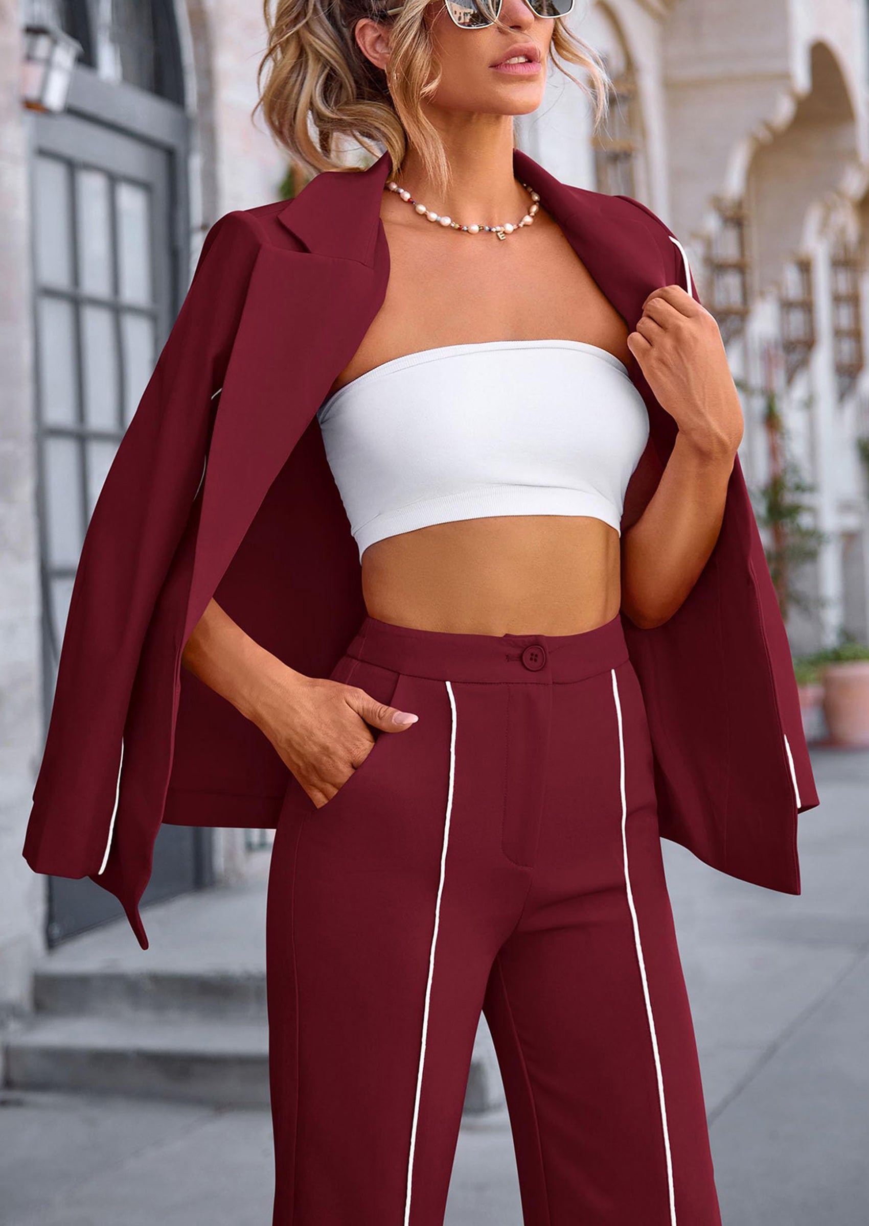 PRETTYGARDEN 2 Piece Blazer Outfits Business Casual Oversized Jacket Wide Leg Work Pants Dressy Suit Set