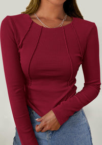 KIRUNDO Ribbed Long Sleeve Tops for Women Stretch Slim Basic Crop Tee Exposed Seams Spring Fall Fashion Trendy Tshirt