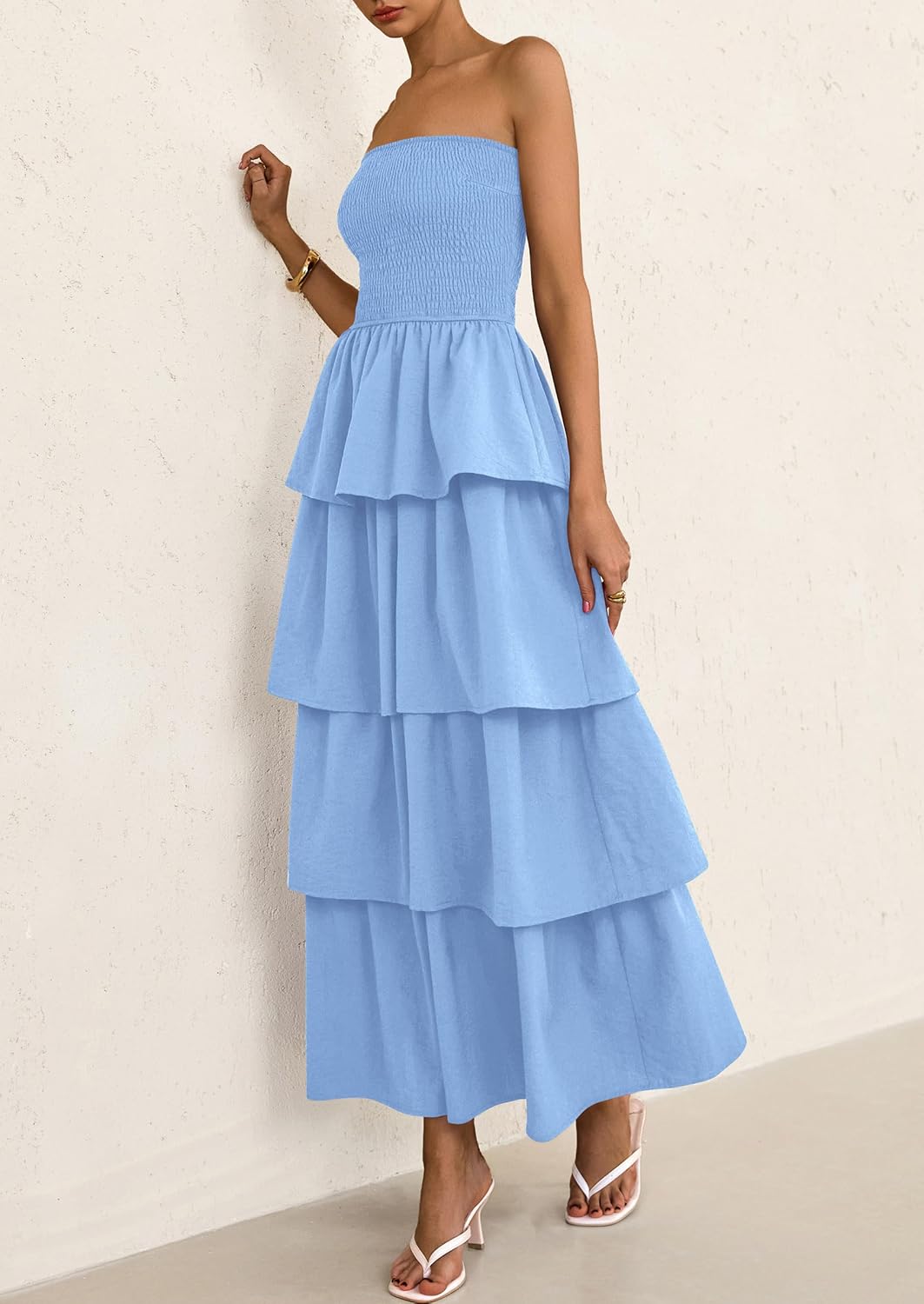 Women's Maxi Dress 2025 Summer Off Shoulder Smocked Tiered Ruffle Long Flowy Dresses Casual Beach Sundress