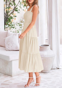 Womens Smocked Summer  Ruffle A Line Long Flowy Dresses Cute Sleeveless Beach Sundress Midi Dress