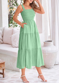 Womens Smocked Summer  Ruffle A Line Long Flowy Dresses Cute Sleeveless Beach Sundress Midi Dress