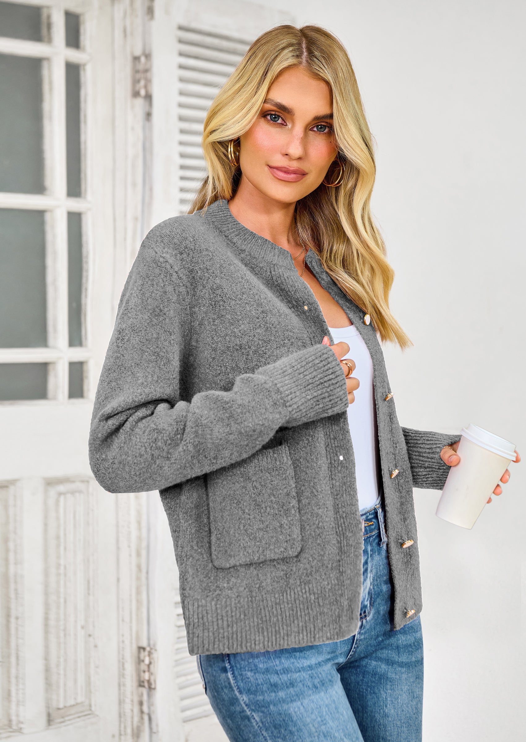 PRETTYGARDEN Women's Knit Cardigan Sweaters Casual Long Sleeve Open Front Button Up Ribbed Fall Spring Sweater Jackets