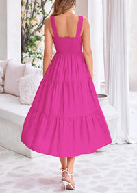 Womens Smocked Summer  Ruffle A Line Long Flowy Dresses Cute Sleeveless Beach Sundress Midi Dress