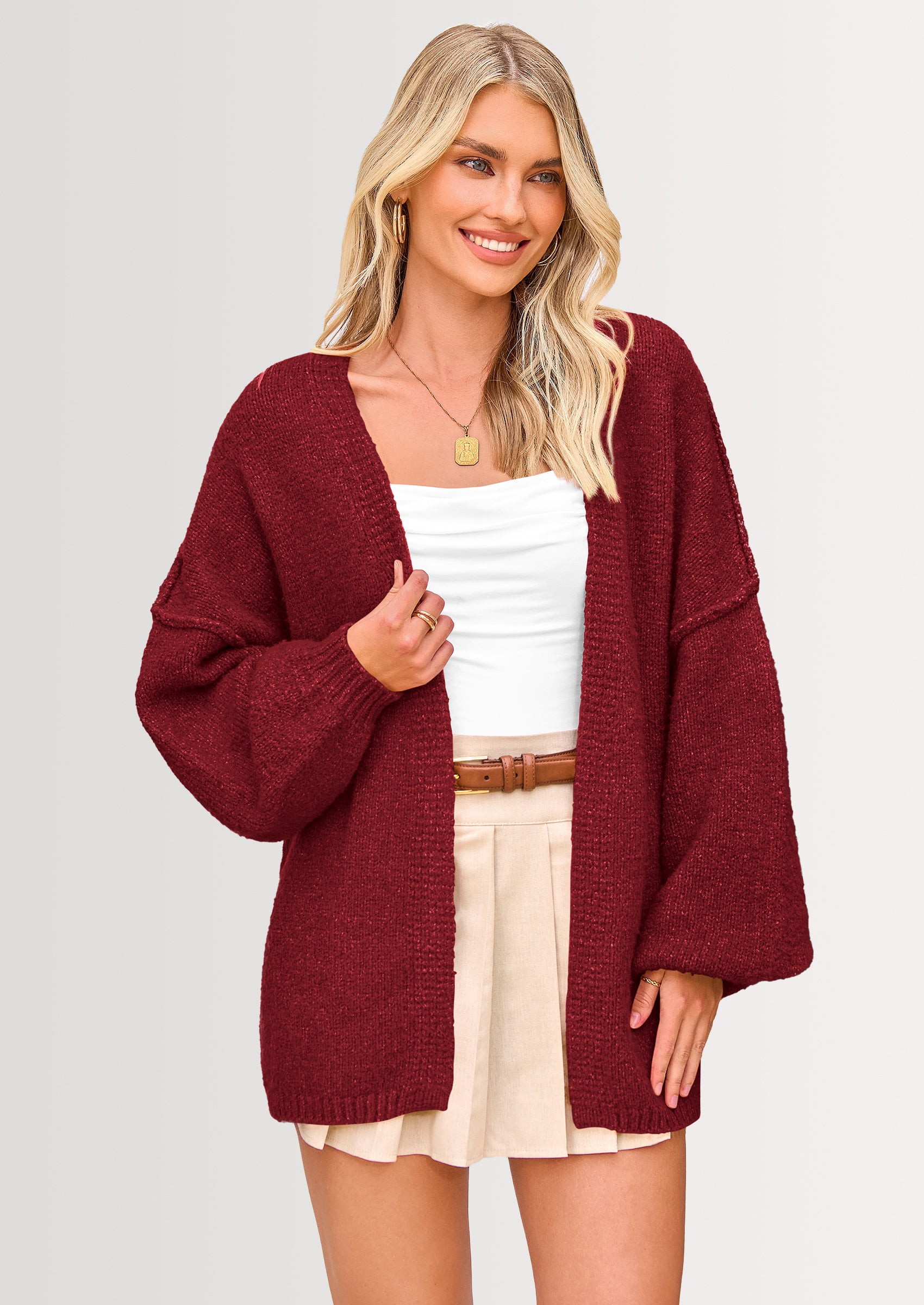 PRETTYGARDEN Womens Oversized Cardigan Sweaters Fall Long Lantern Sleeve Knit Open Front Lightweight Sweater