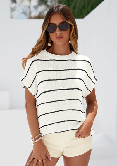 PRETTYGARDEN Womens Summer Short Sleeve Tops Trendy Crew Neck Striped Knit Sweater Business Casual Spring Clothes PRETTYGARDEN