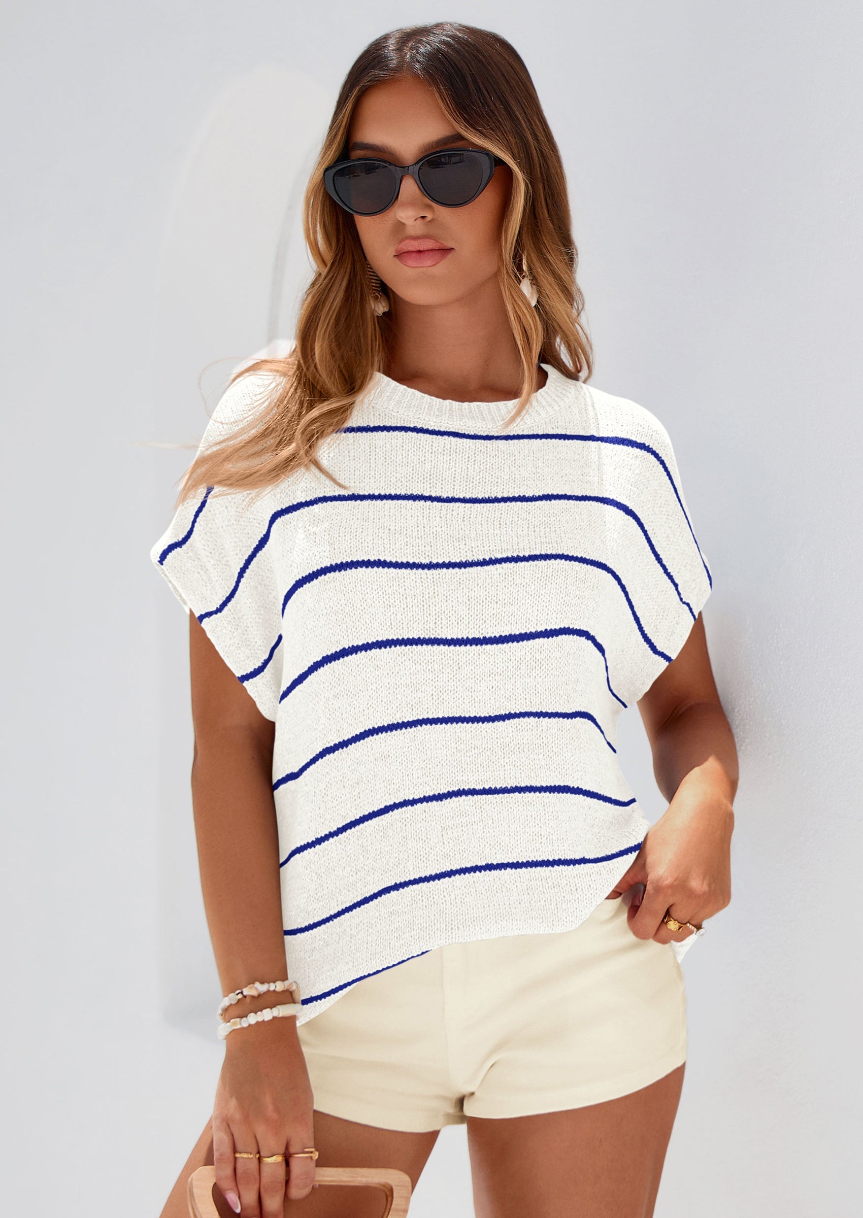 PRETTYGARDEN Womens Summer Short Sleeve Tops Trendy Crew Neck Striped Knit Sweater Business Casual Spring Clothes PRETTYGARDEN