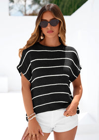 PRETTYGARDEN Womens Summer Short Sleeve Tops Trendy Crew Neck Striped Knit Sweater Business Casual Spring Clothes PRETTYGARDEN