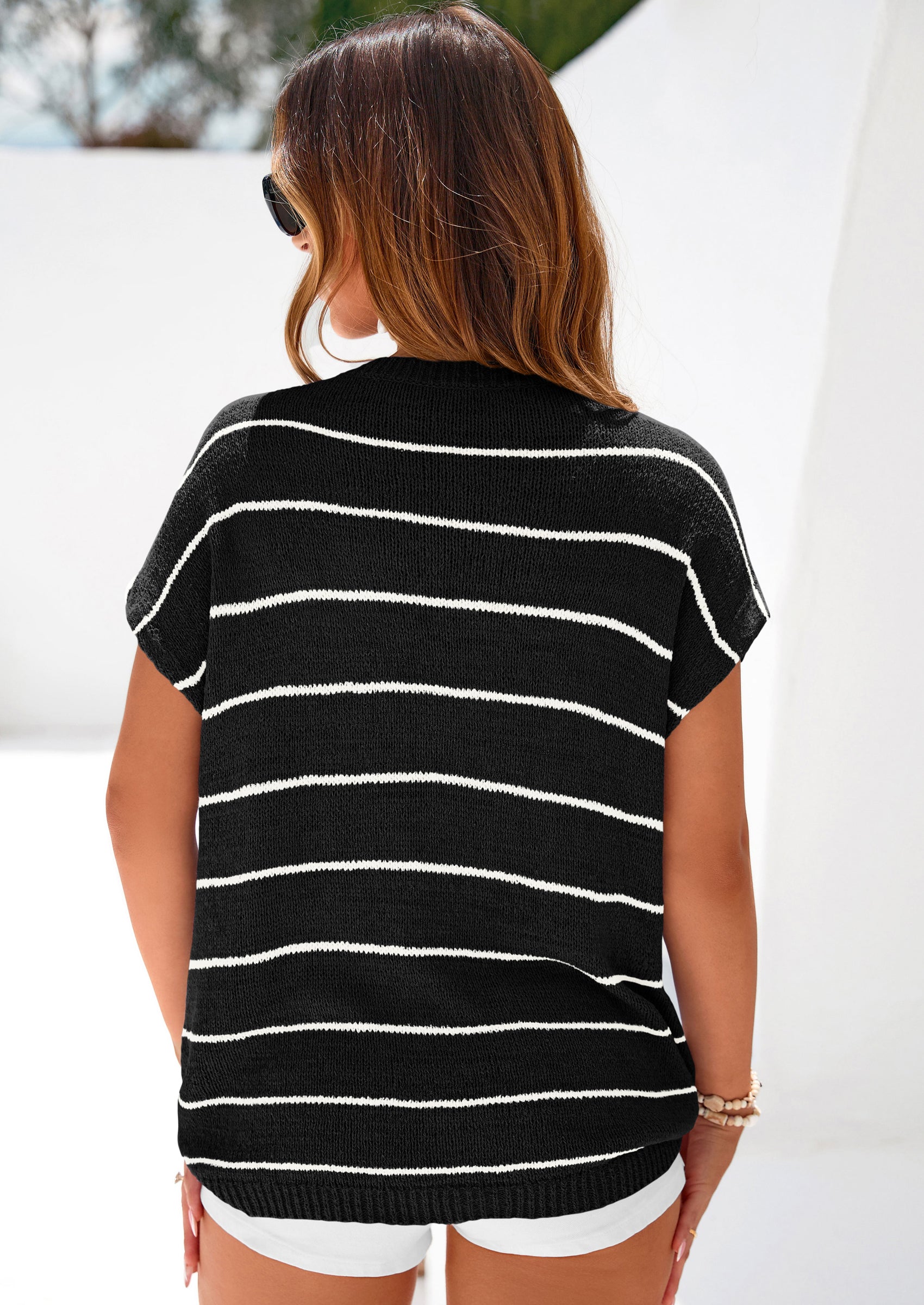 PRETTYGARDEN Womens Summer Short Sleeve Tops Trendy Crew Neck Striped Knit Sweater Business Casual Spring Clothes PRETTYGARDEN