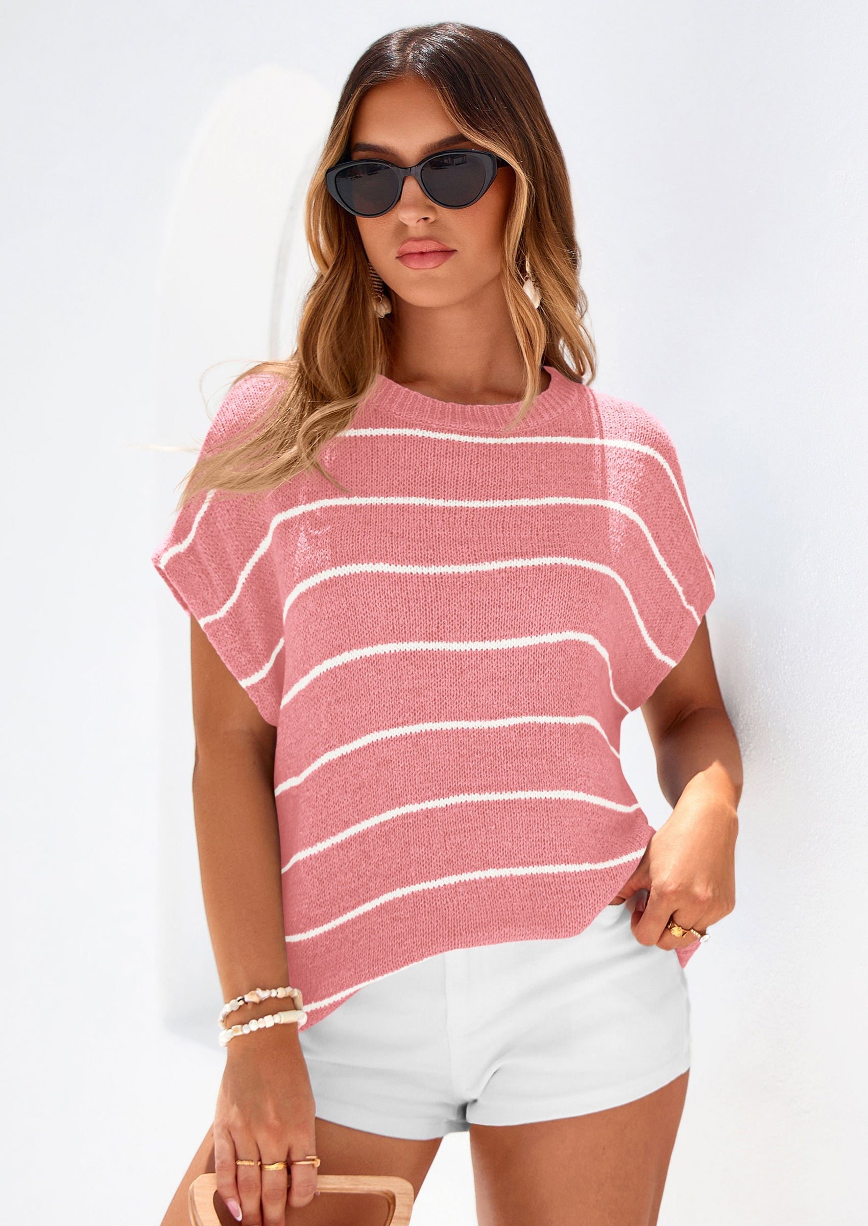 PRETTYGARDEN Womens Summer Short Sleeve Tops Trendy Crew Neck Striped Knit Sweater Business Casual Spring Clothes PRETTYGARDEN