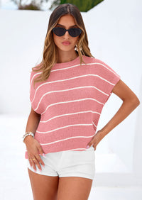 PRETTYGARDEN Womens Summer Short Sleeve Tops Trendy Crew Neck Striped Knit Sweater Business Casual Spring Clothes PRETTYGARDEN
