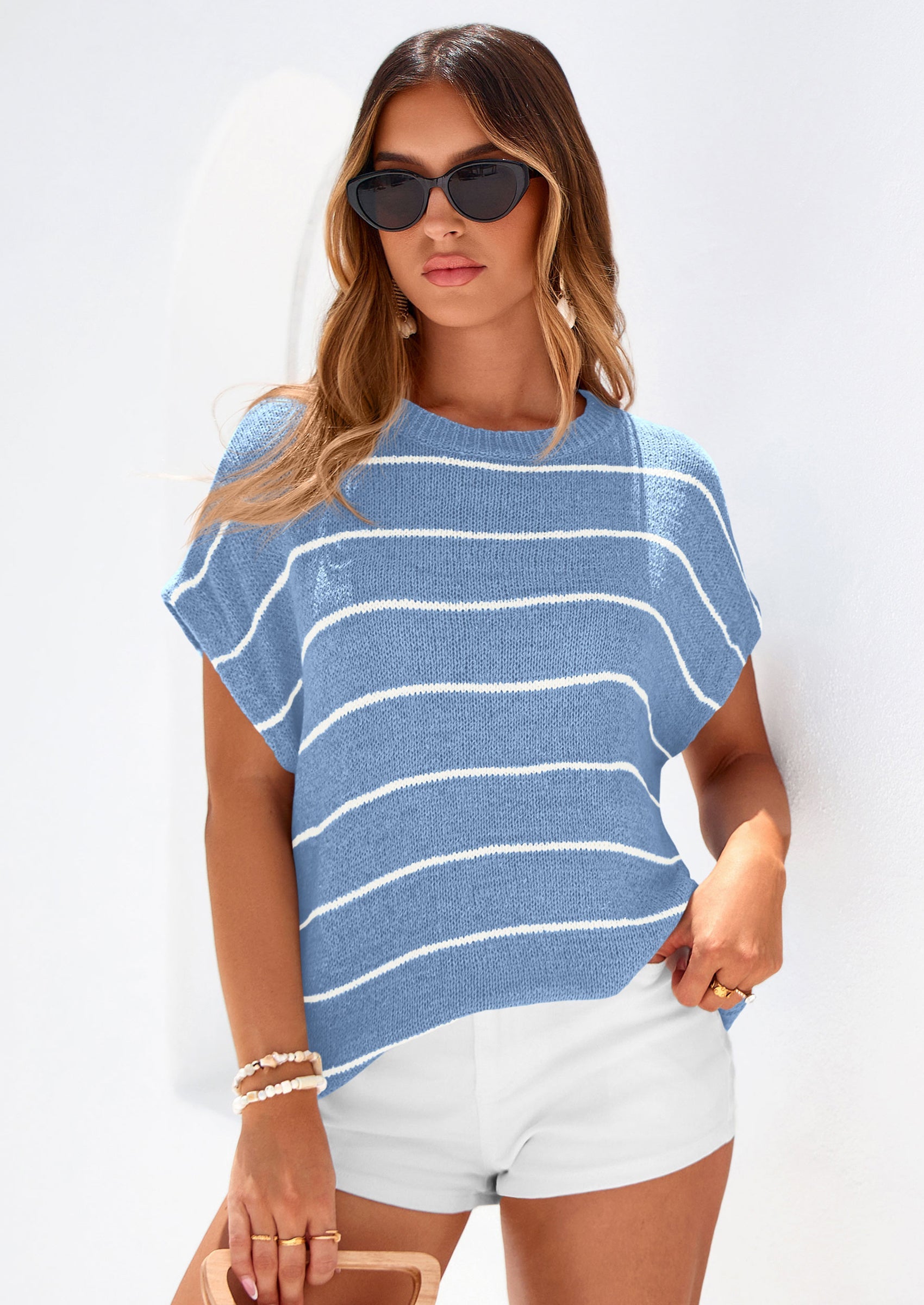 PRETTYGARDEN Womens Summer Short Sleeve Tops Trendy Crew Neck Striped Knit Sweater Business Casual Spring Clothes PRETTYGARDEN