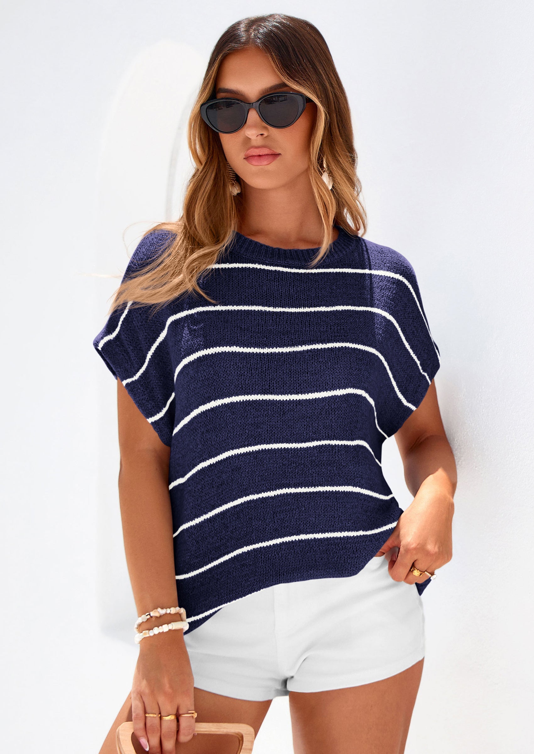 PRETTYGARDEN Womens Summer Short Sleeve Tops Trendy Crew Neck Striped Knit Sweater Business Casual Spring Clothes PRETTYGARDEN