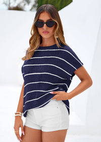 PRETTYGARDEN Womens Summer Short Sleeve Tops Trendy Crew Neck Striped Knit Sweater Business Casual Spring Clothes PRETTYGARDEN
