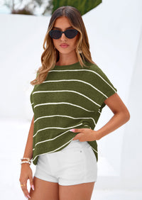 PRETTYGARDEN Womens Summer Short Sleeve Tops Trendy Crew Neck Striped Knit Sweater Business Casual Spring Clothes PRETTYGARDEN