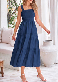 Womens Smocked Summer  Ruffle A Line Long Flowy Dresses Cute Sleeveless Beach Sundress Midi Dress