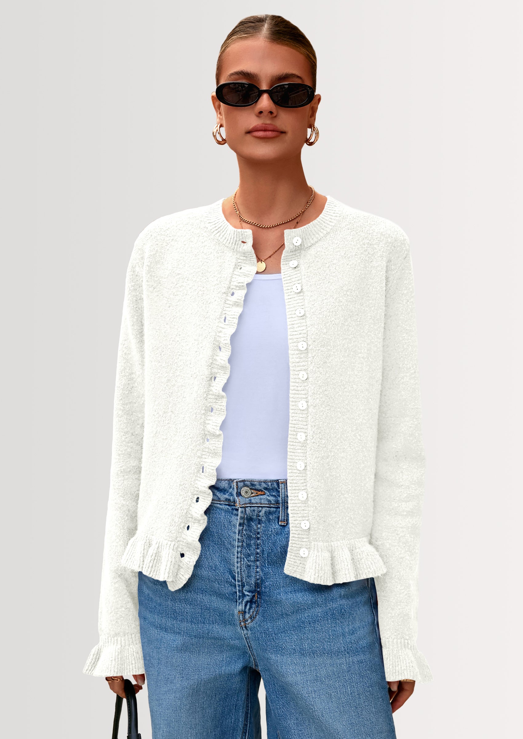 PRETTYGARDEN Womens Fall Button Down Cardigans Chunky Knit Ruffle Open Front Cropped Cardigan Sweaters Soft Long Sleeve Tops