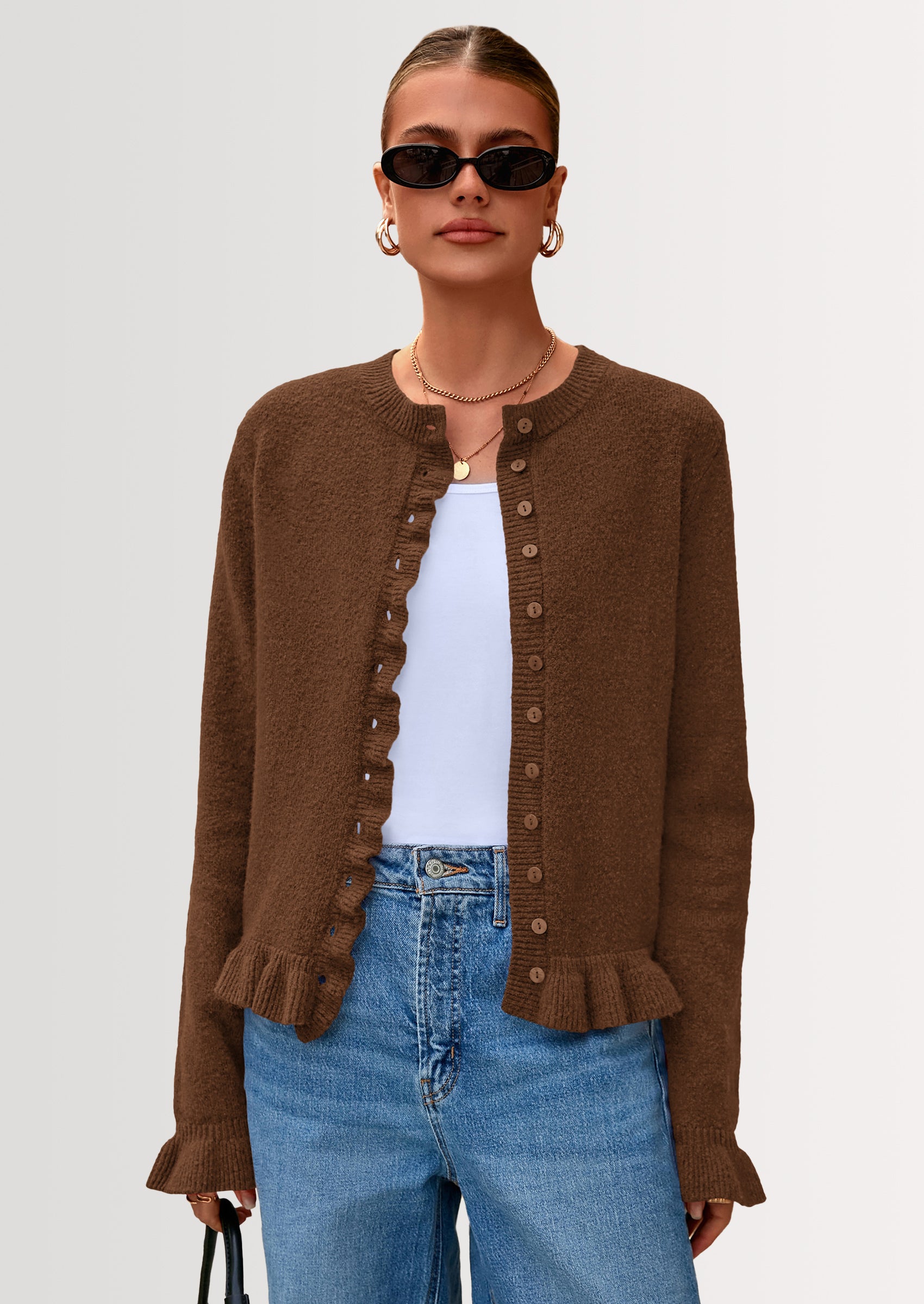 PRETTYGARDEN Womens Fall Button Down Cardigans Chunky Knit Ruffle Open Front Cropped Cardigan Sweaters Soft Long Sleeve Tops