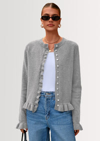 PRETTYGARDEN Womens Fall Button Down Cardigans Chunky Knit Ruffle Open Front Cropped Cardigan Sweaters Soft Long Sleeve Tops