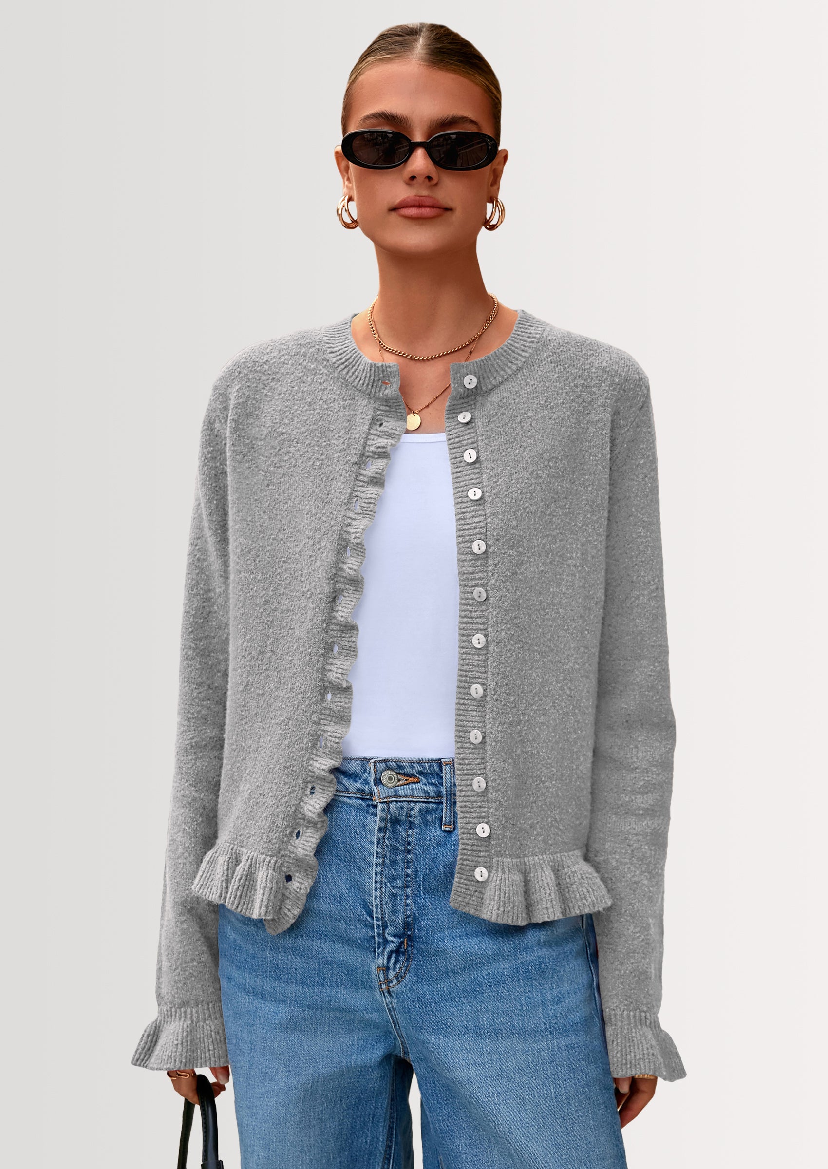 PRETTYGARDEN Womens Fall Button Down Cardigans Chunky Knit Ruffle Open Front Cropped Cardigan Sweaters Soft Long Sleeve Tops