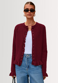 PRETTYGARDEN Womens Fall Button Down Cardigans Chunky Knit Ruffle Open Front Cropped Cardigan Sweaters Soft Long Sleeve Tops