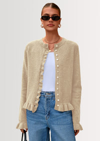 PRETTYGARDEN Womens Fall Button Down Cardigans Chunky Knit Ruffle Open Front Cropped Cardigan Sweaters Soft Long Sleeve Tops