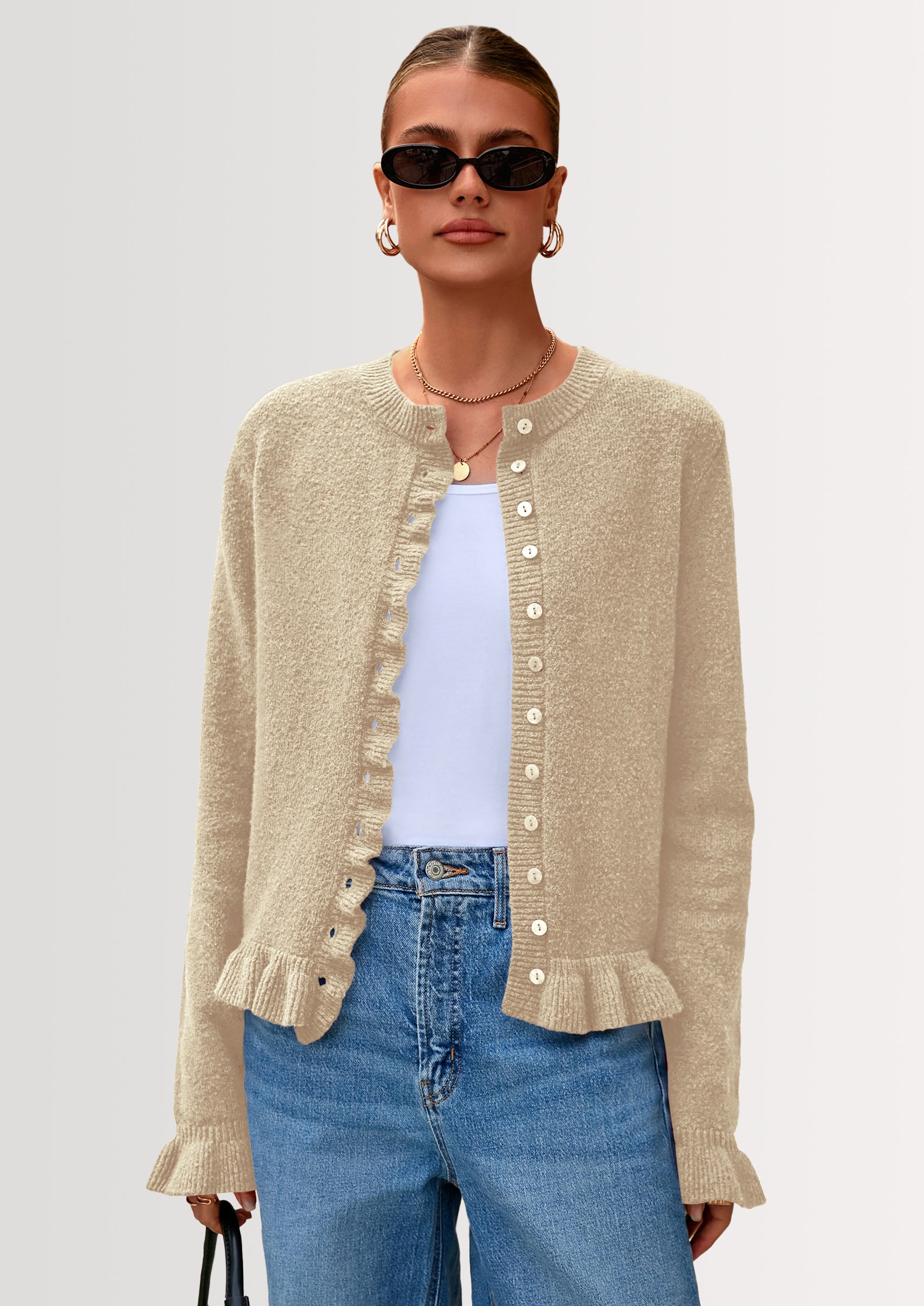 PRETTYGARDEN Womens Fall Button Down Cardigans Chunky Knit Ruffle Open Front Cropped Cardigan Sweaters Soft Long Sleeve Tops