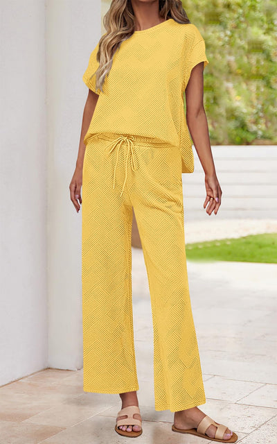 PRETTYGARDEN 2 Piece Outfits For Women Casual Tracksuit Short Sleeve Tops And Wide Leg Long Pants Matching Lounge Sets