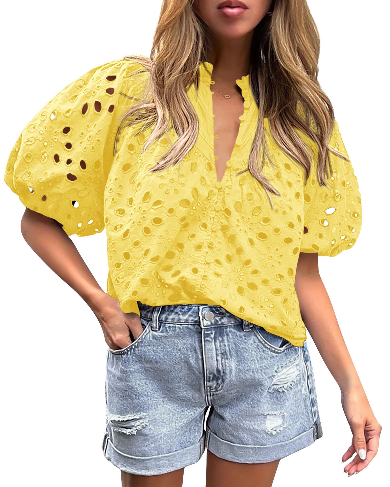 PRETTYGARDEN Women's Summer Short Sleeve Tops Dressy Casual Buttons V Neck Hollow Out Lace Embroidered Blouses Shirts