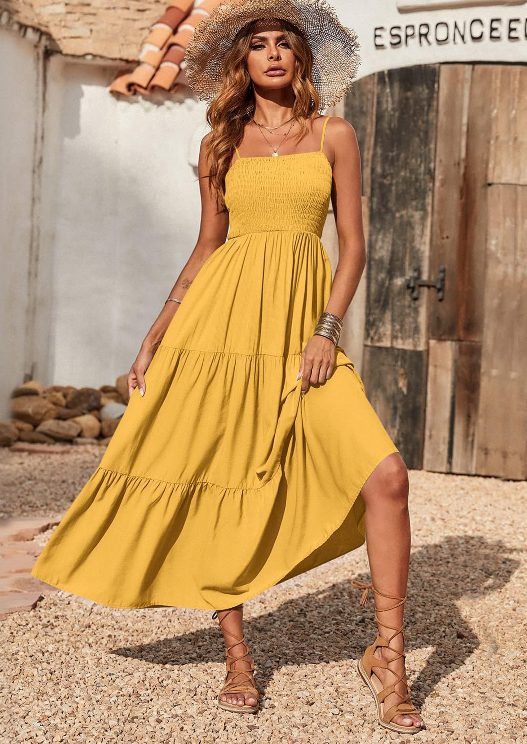 PRETTYGARDEN Women's Summer Maxi Dress Casual Boho Sleeveless Spaghetti Strap Smocked Tiered Long Beach Sundresses PRETTYGARDEN