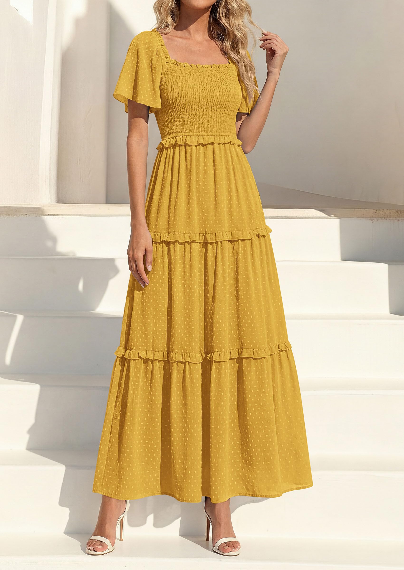 PRETTYGARDEN Summer Dresses for Women Boho Swiss Dot Smocked Square Neck Short Sleeve Spring Wedding Guest Maxi Dress PRETTYGARDEN