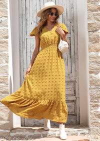 PRETTYGARDEN Womens Dresses Summer Maxi Dress Boho Short Sleeve V Neck Swiss Dot Ruffle Tiered Smocked Flowy Long Dress PRETTYGARDEN