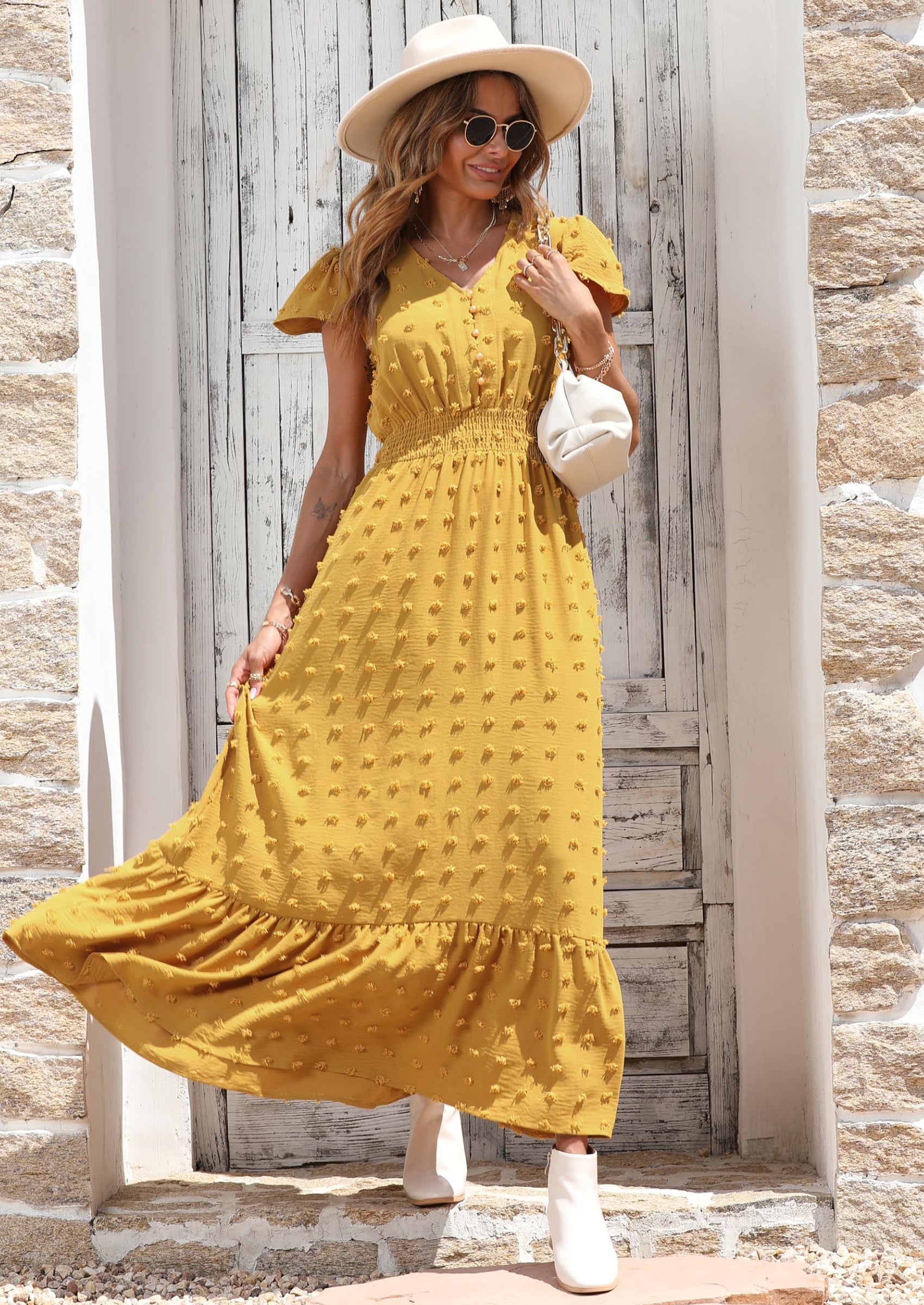 PRETTYGARDEN Womens Dresses Summer Maxi Dress Boho Short Sleeve V Neck Swiss Dot Ruffle Tiered Smocked Flowy Long Dress PRETTYGARDEN