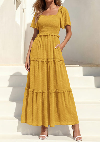 PRETTYGARDEN Summer Dresses for Women Boho Swiss Dot Smocked Square Neck Short Sleeve Spring Wedding Guest Maxi Dress PRETTYGARDEN